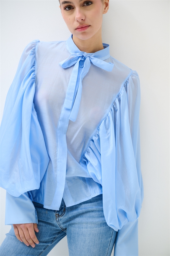 CAMICIA COLLO COREANA MANICA PIPISTRELLO LYOCELL CELESTE