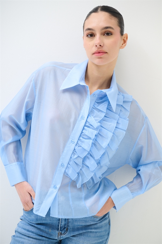 CAMICIA CON ROUCHES LATERALI IN LYOCELL CELESTE