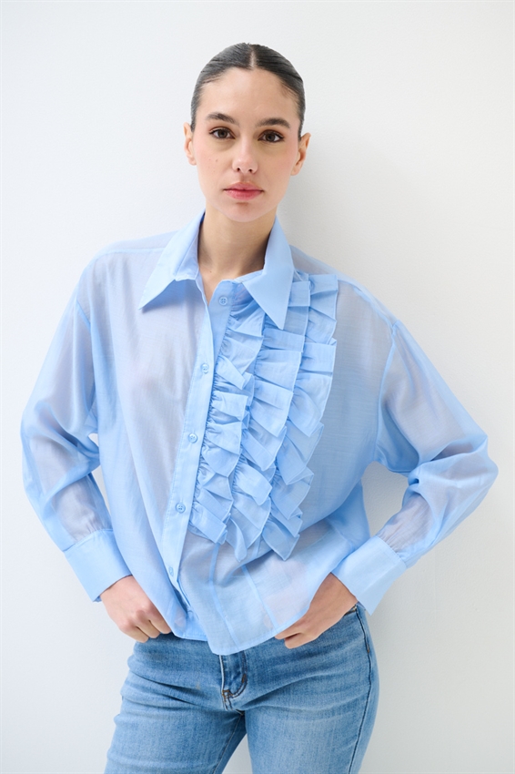 CAMICIA CON ROUCHES LATERALI IN LYOCELL CELESTE