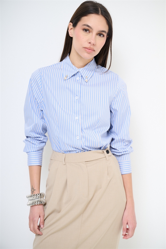 CAMICIA BASIC RIGATA CON PUNTI LUCE COLLO AZZURRO
