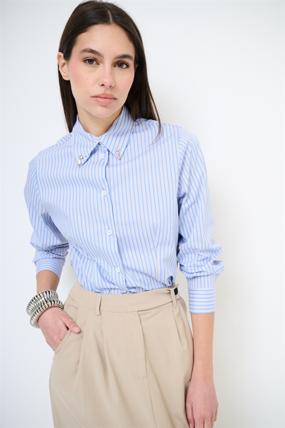 CAMICIA BASIC RIGATA CON PUNTI LUCE COLLO AZZURRO