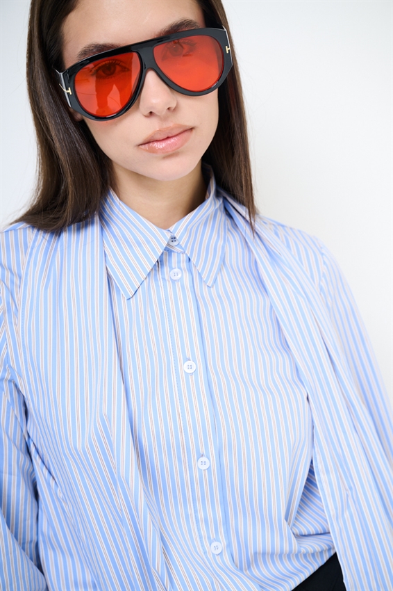 CAMICIA OVER RIGATA CON FOULARD AZZURRO