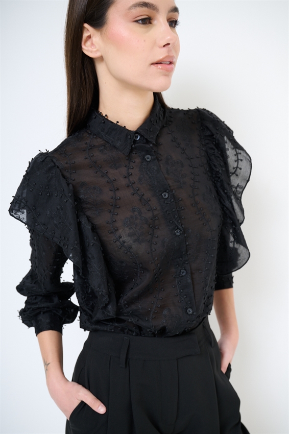 CAMICIA CON MAXI GALA SULLA SPALLA NERO