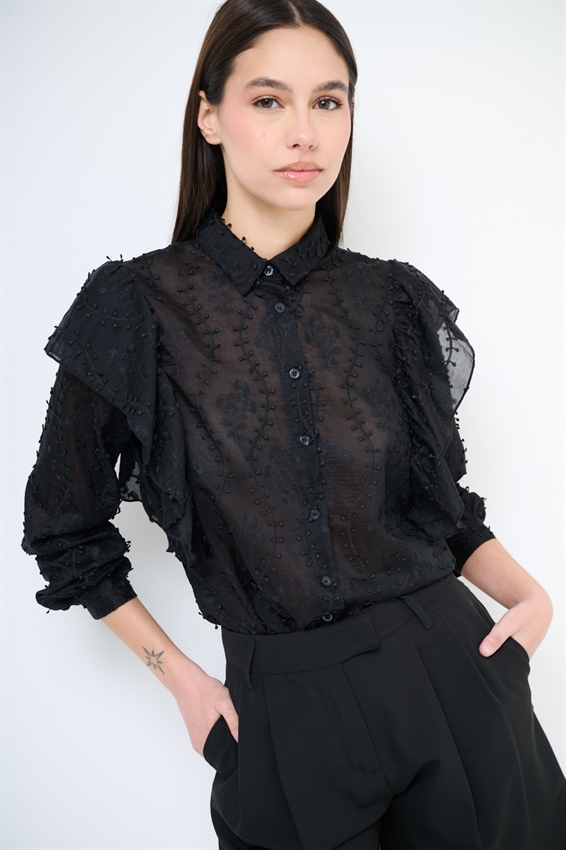 CAMICIA CON MAXI GALA SULLA SPALLA NERO
