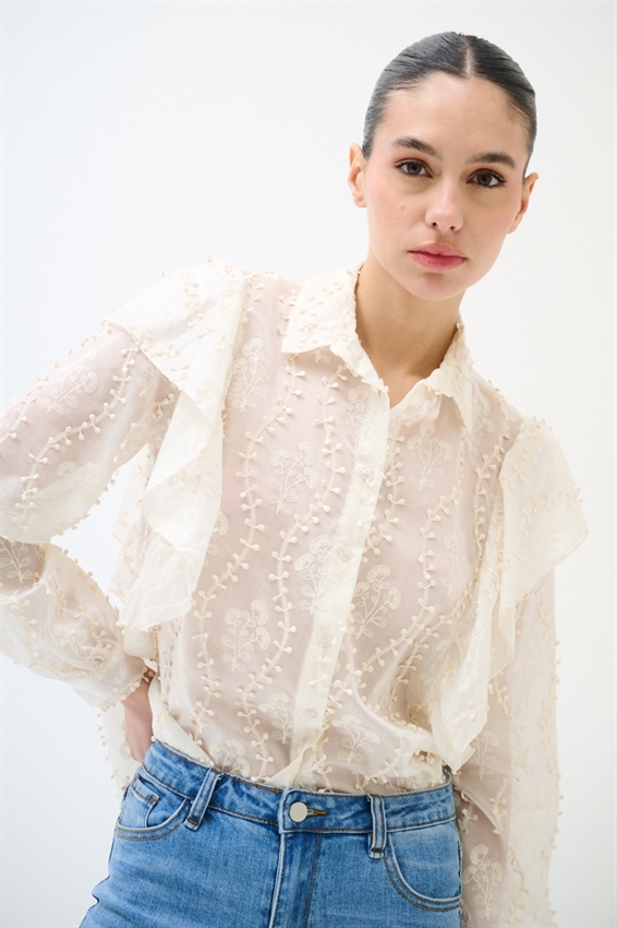 CAMICIA CON MAXI GALA SULLA SPALLA PANNA