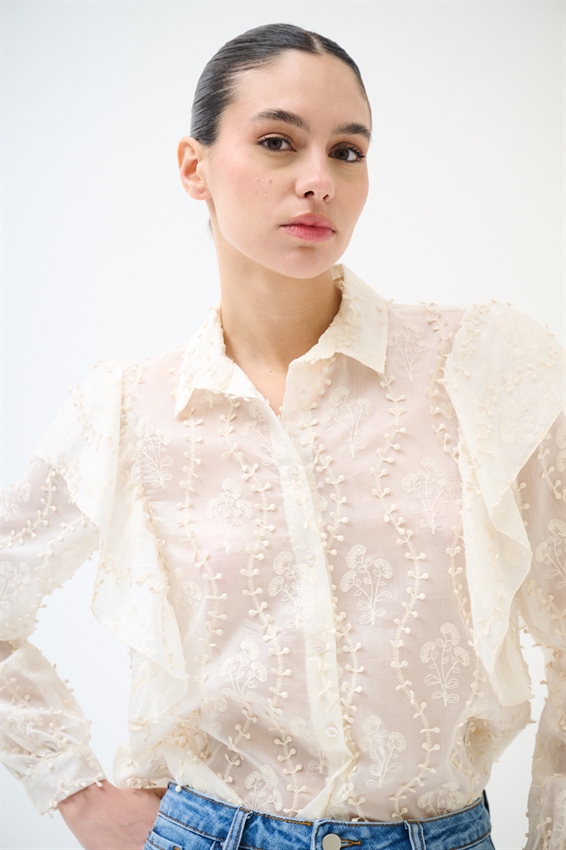 CAMICIA CON MAXI GALA SULLA SPALLA PANNA