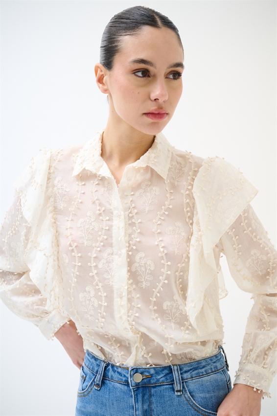 CAMICIA CON MAXI GALA SULLA SPALLA PANNA