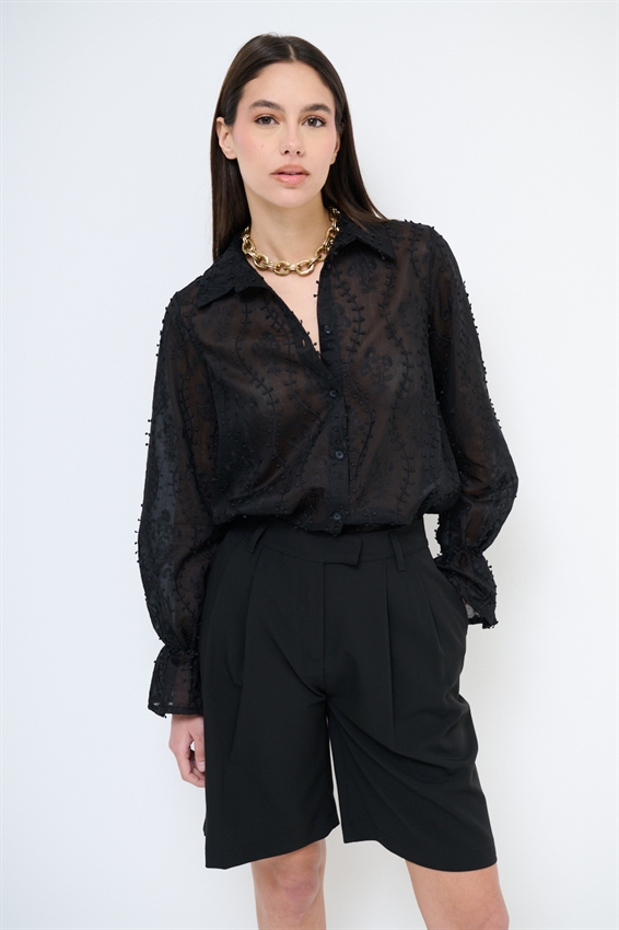 CAMICIA OVER CON RICAMO E NODO NERO