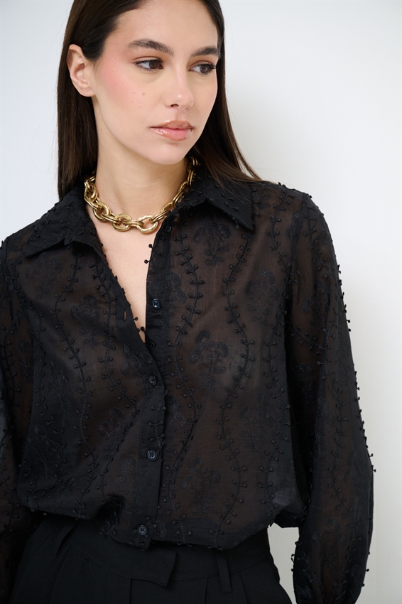 CAMICIA OVER CON RICAMO E NODO NERO