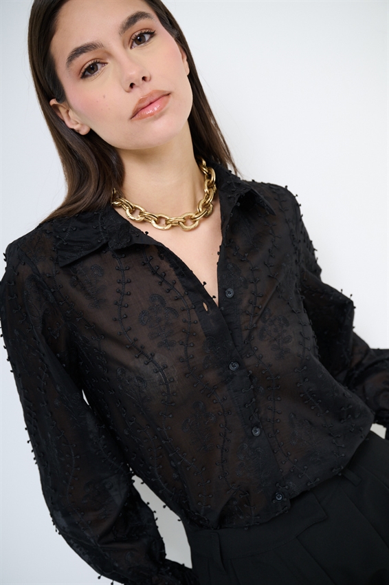 CAMICIA OVER CON RICAMO E NODO NERO