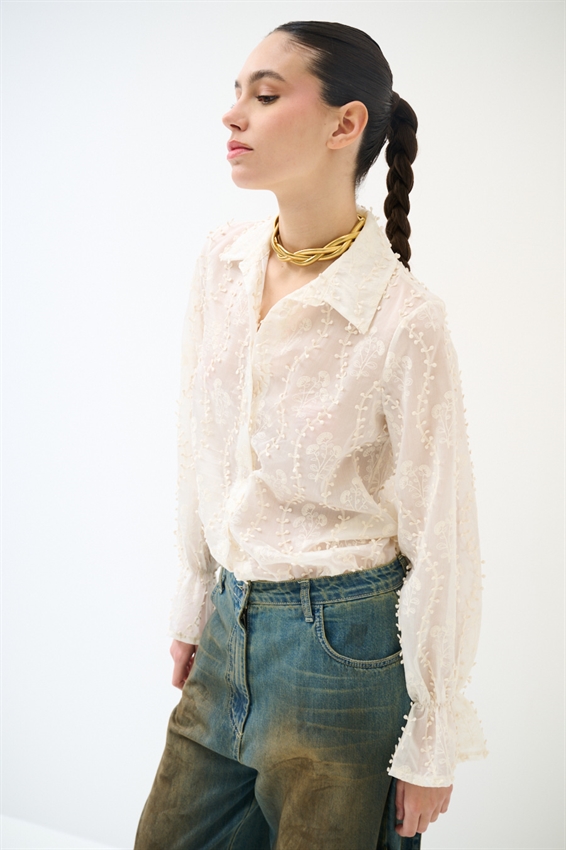 CAMICIA OVER CON RICAMO E NODO PANNA