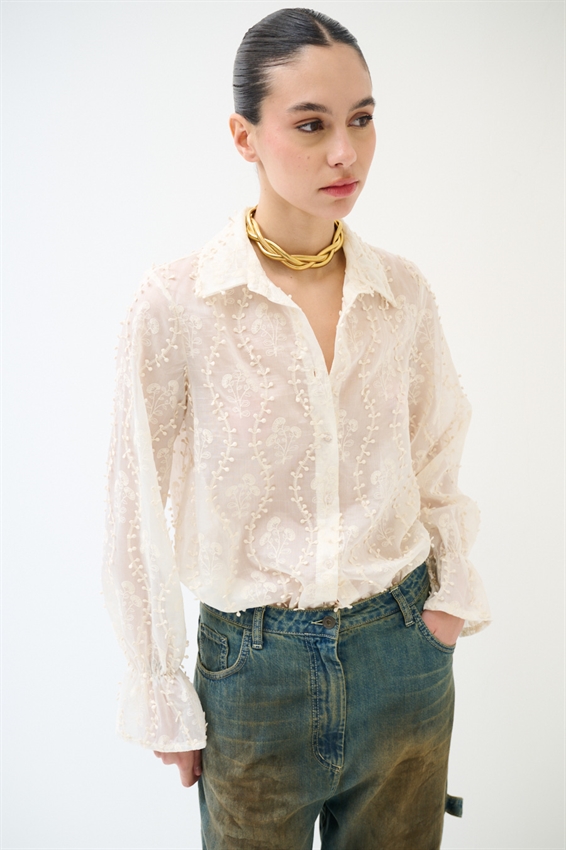 CAMICIA OVER CON RICAMO E NODO PANNA