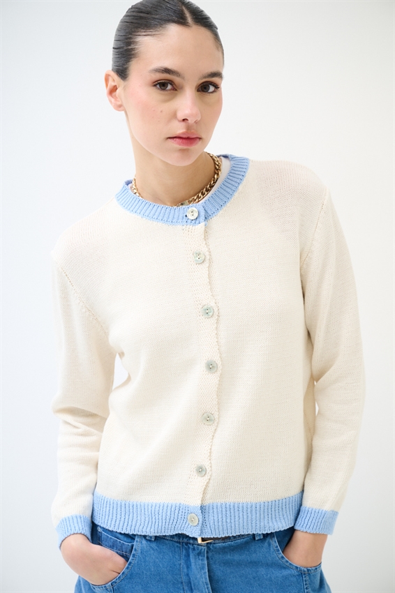 CARDIGAN PARICOLLO CON INSERTI A CONTRASTO CELESTE