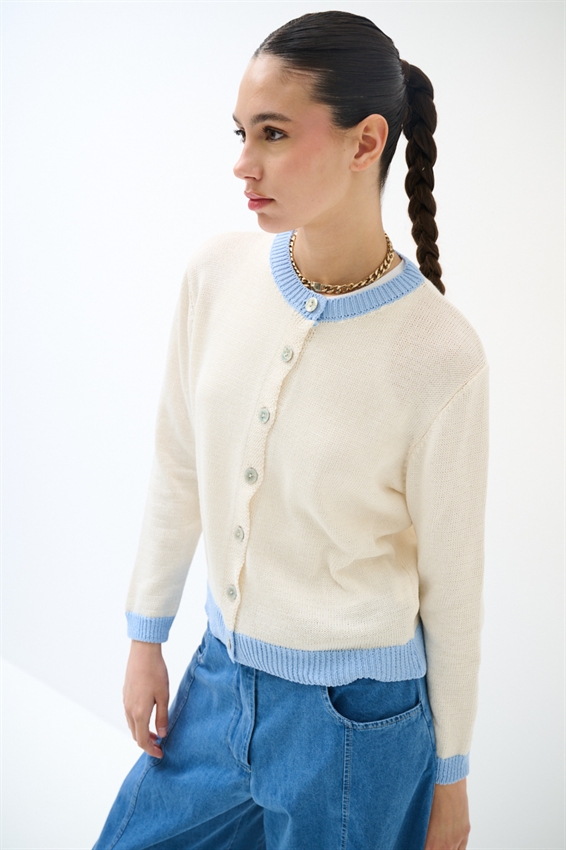 CARDIGAN PARICOLLO CON INSERTI A CONTRASTO CELESTE