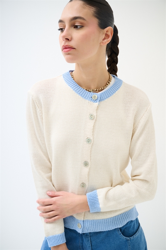 CARDIGAN PARICOLLO CON INSERTI A CONTRASTO CELESTE