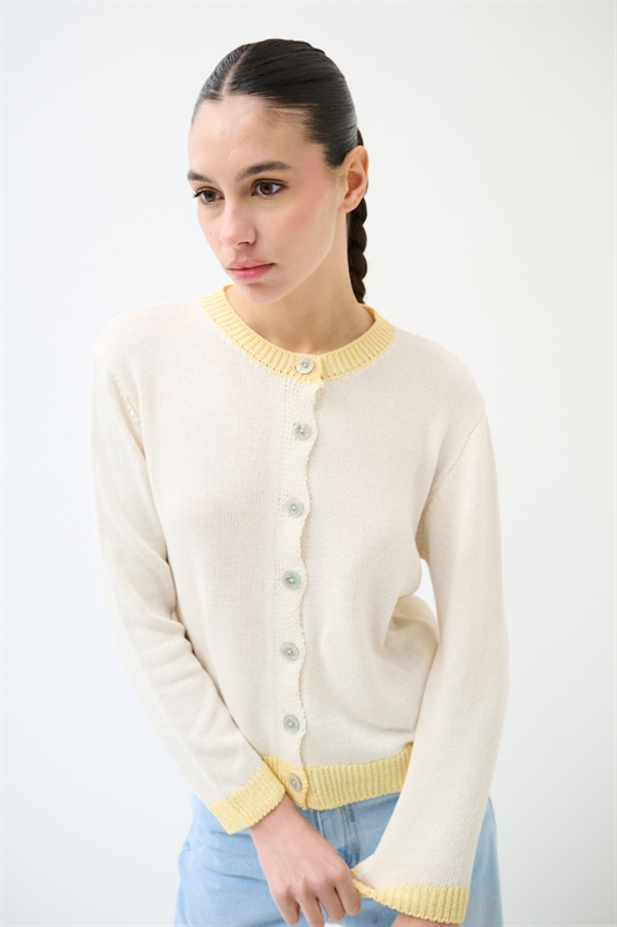 CARDIGAN PARICOLLO CON INSERTI A CONTRASTO GIALLO