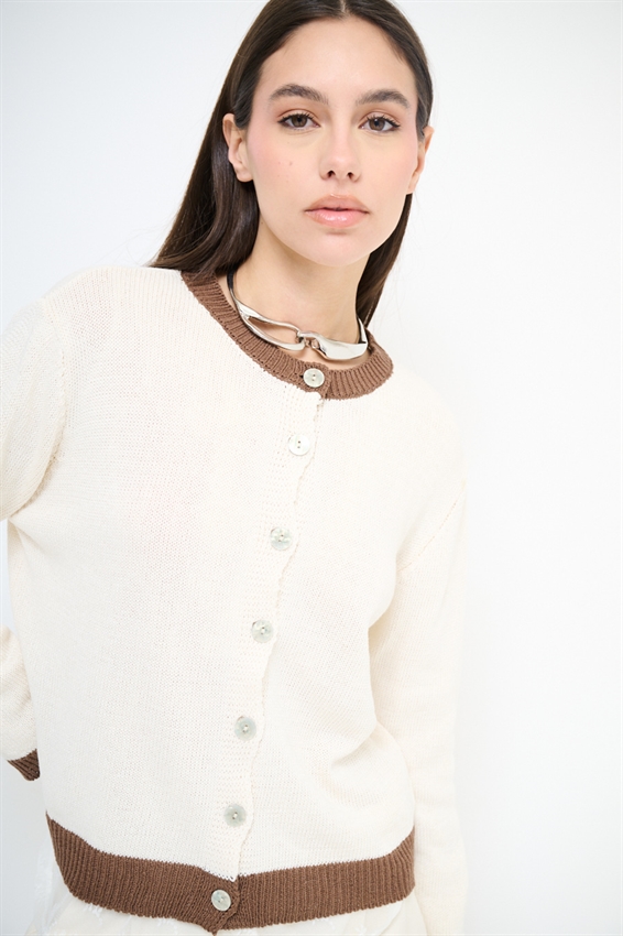 CARDIGAN PARICOLLO CON INSERTI A CONTRASTO MOKA