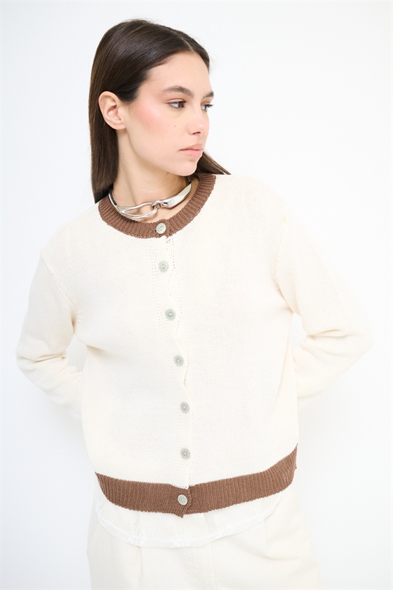 CARDIGAN PARICOLLO CON INSERTI A CONTRASTO MOKA