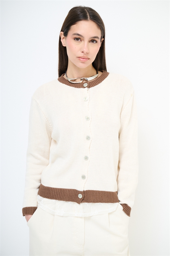 CARDIGAN PARICOLLO CON INSERTI A CONTRASTO MOKA