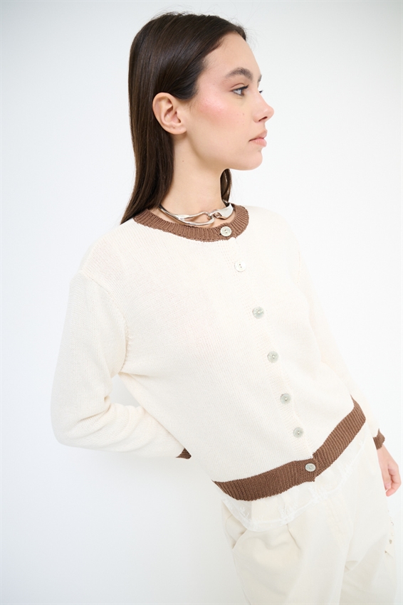 CARDIGAN PARICOLLO CON INSERTI A CONTRASTO MOKA