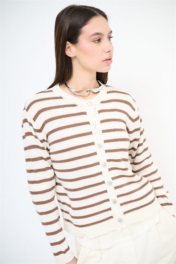 CARDIGAN PARICOLLO RIGATO MOKA