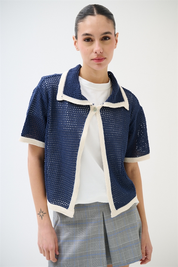 CARDIGAN MEZZA MANICA TRAFORATO BLU/NATURALE