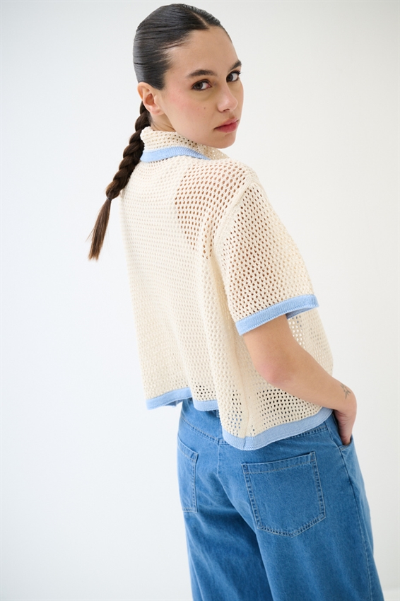 CARDIGAN MEZZA MANICA TRAFORATO CELESTE/NATURALE