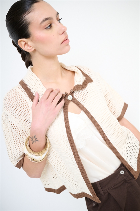 CARDIGAN MEZZA MANICA TRAFORATO MOKA/NATURALE