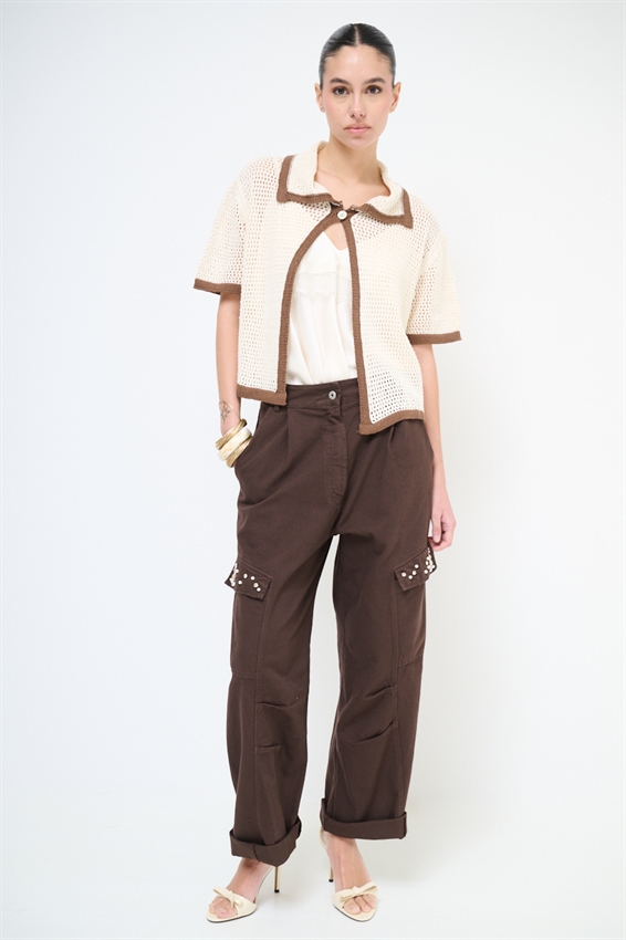 CARDIGAN MEZZA MANICA TRAFORATO MOKA/NATURALE