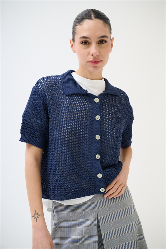 CARDIGAN MEZZA MANICA POLO TRAFORATO BLU