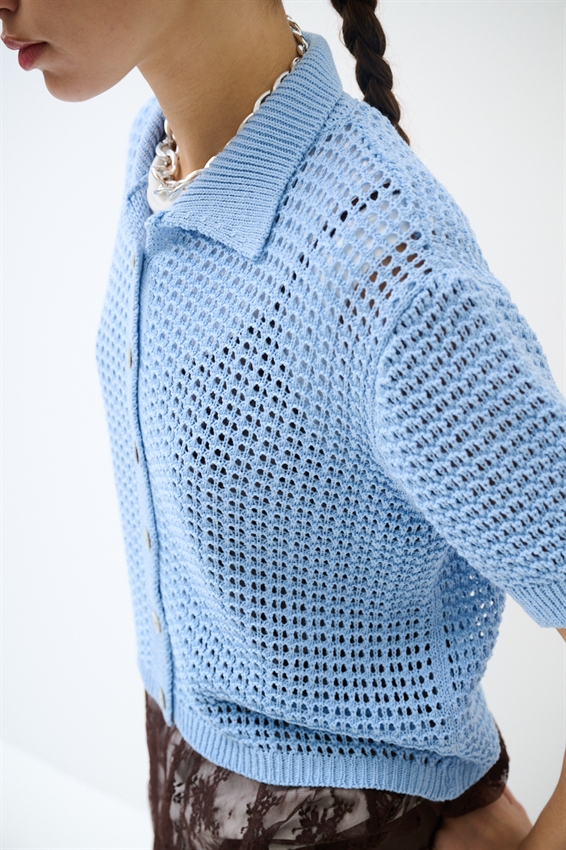 CARDIGAN MEZZA MANICA POLO TRAFORATO CELESTE