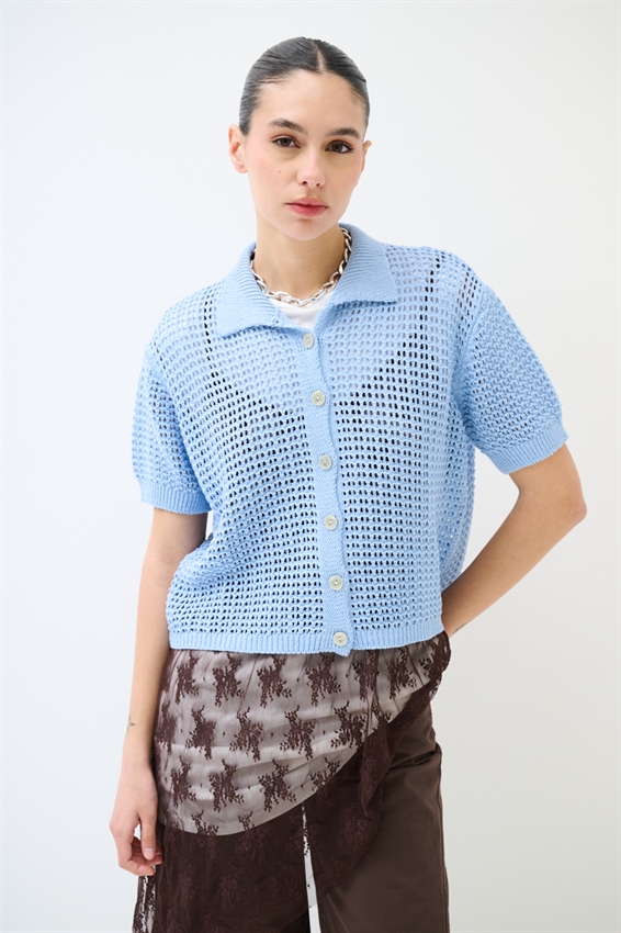 CARDIGAN MEZZA MANICA POLO TRAFORATO CELESTE