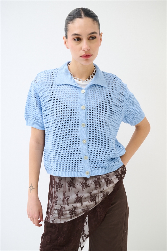 CARDIGAN MEZZA MANICA POLO TRAFORATO CELESTE