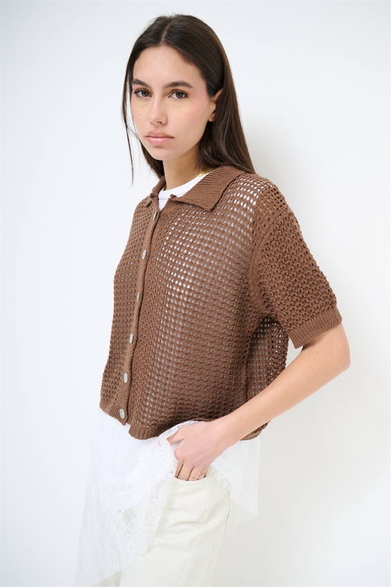 CARDIGAN MEZZA MANICA POLO TRAFORATO MOKA