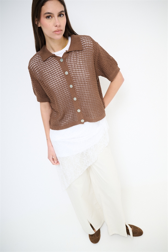 CARDIGAN MEZZA MANICA POLO TRAFORATO MOKA