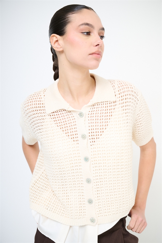 CARDIGAN MEZZA MANICA POLO TRAFORATO NATURALE