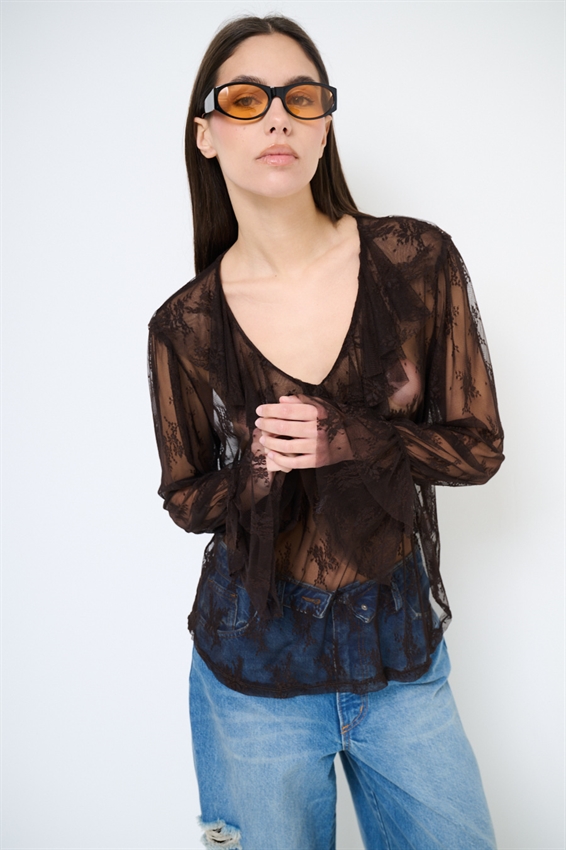 BLUSA SCOLLO V CON VOLANT PIZZO MORO