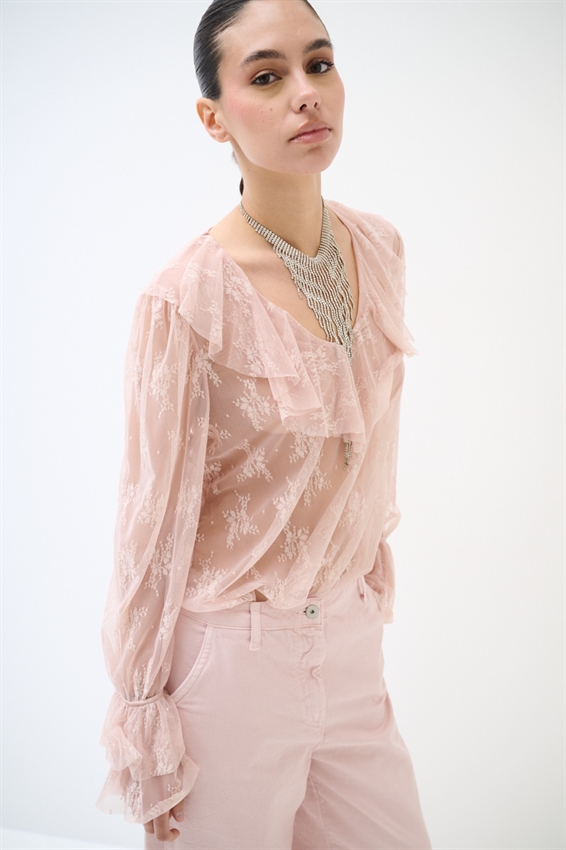 BLUSA SCOLLO V CON VOLANT PIZZO ROSA