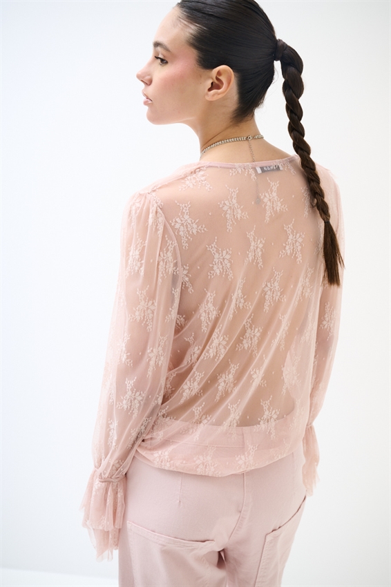 BLUSA SCOLLO V CON VOLANT PIZZO ROSA