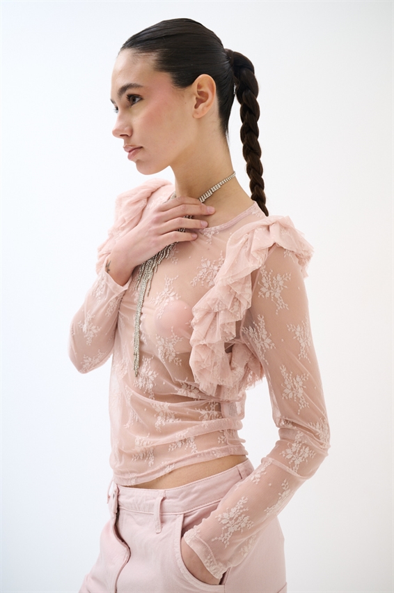 BLUSA PARICOLLO PIZZO CON DOPPIE ROUCHES ROSA