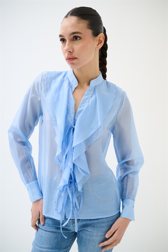 BLUSA CON LACCETTI DAVANTI IN LYOCELL CELESTE