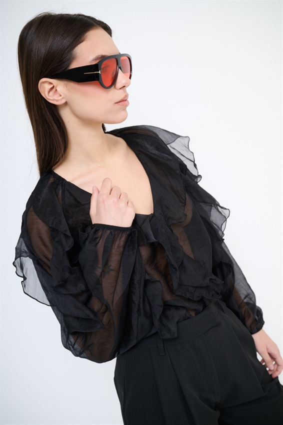 BLUSA CON SCOLLO A V E JABOT NERO