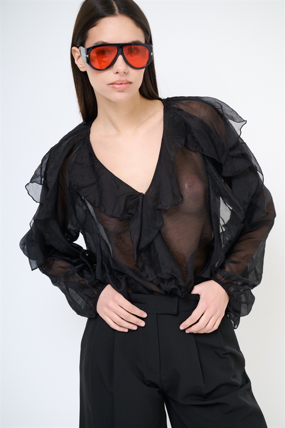 BLUSA CON SCOLLO A V E JABOT NERO