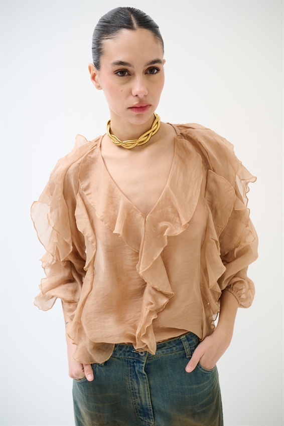 BLUSA CON SCOLLO A V E JABOT CAMMELLO