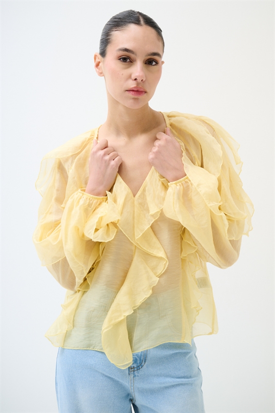 BLUSA CON SCOLLO A V E JABOT GIALLO