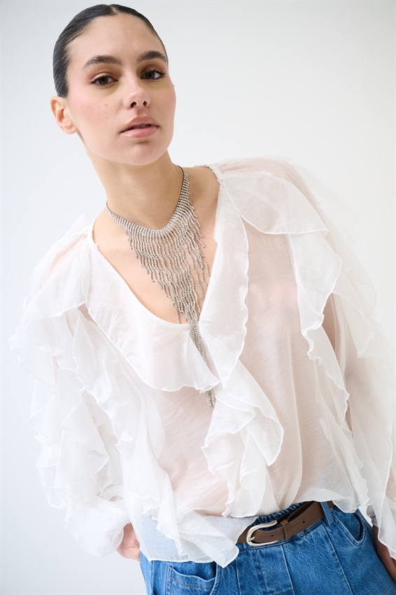 BLUSA CON SCOLLO A V E JABOT PANNA