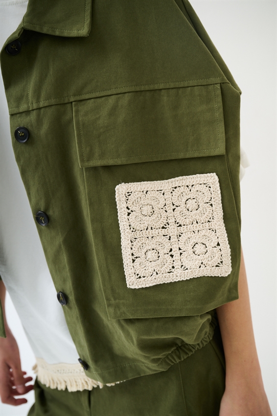 GILET OVER CON TASCONE A UNCINETTO VERDE MILITARE