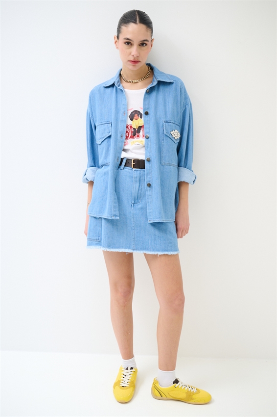 MINIGONNA IN DENIM CON TERMO ADESIVO BLU CHIARO