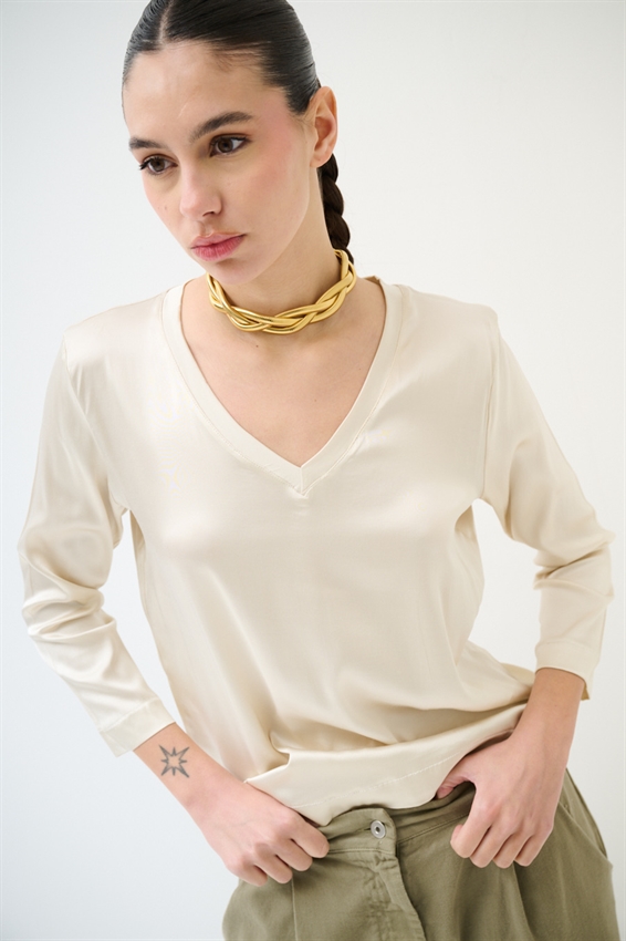 MAGLIA MANICA 3/4 IN RASO SCOLLO V BURRO