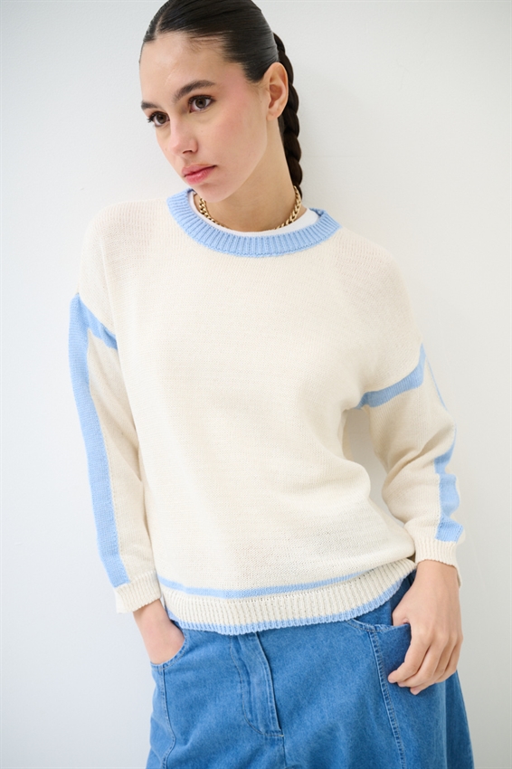 MAGLIA PARICOLLO CON INSERTI A CONTRASTO CELESTE